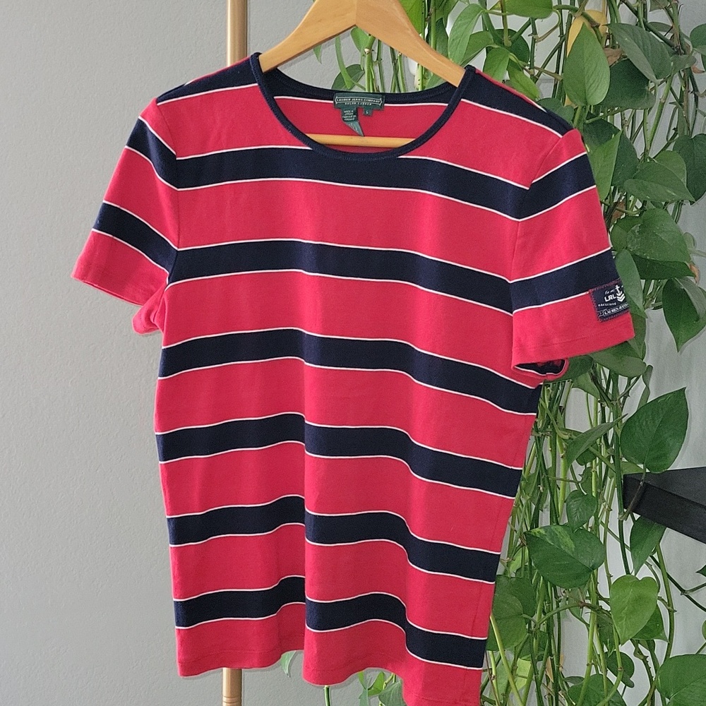 VTG Ralph Lauren Lauren Jeans Co Striped Rugby Polo Shirt Large Red Navy Size L